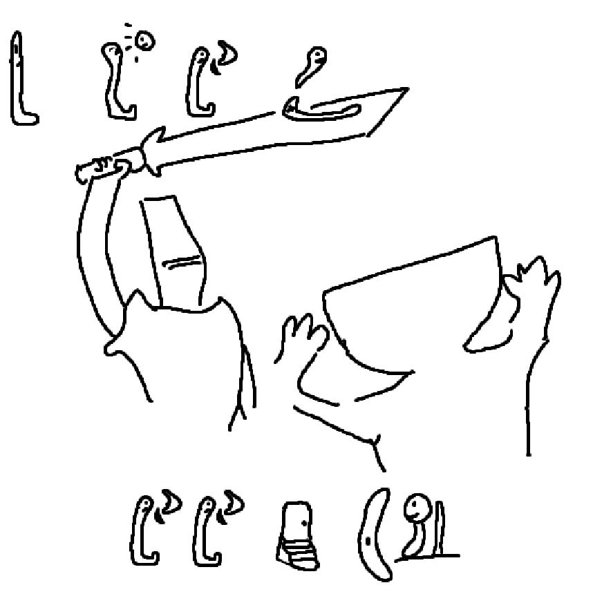 A warrior being mean to a devottee, with a message written in funky symbols